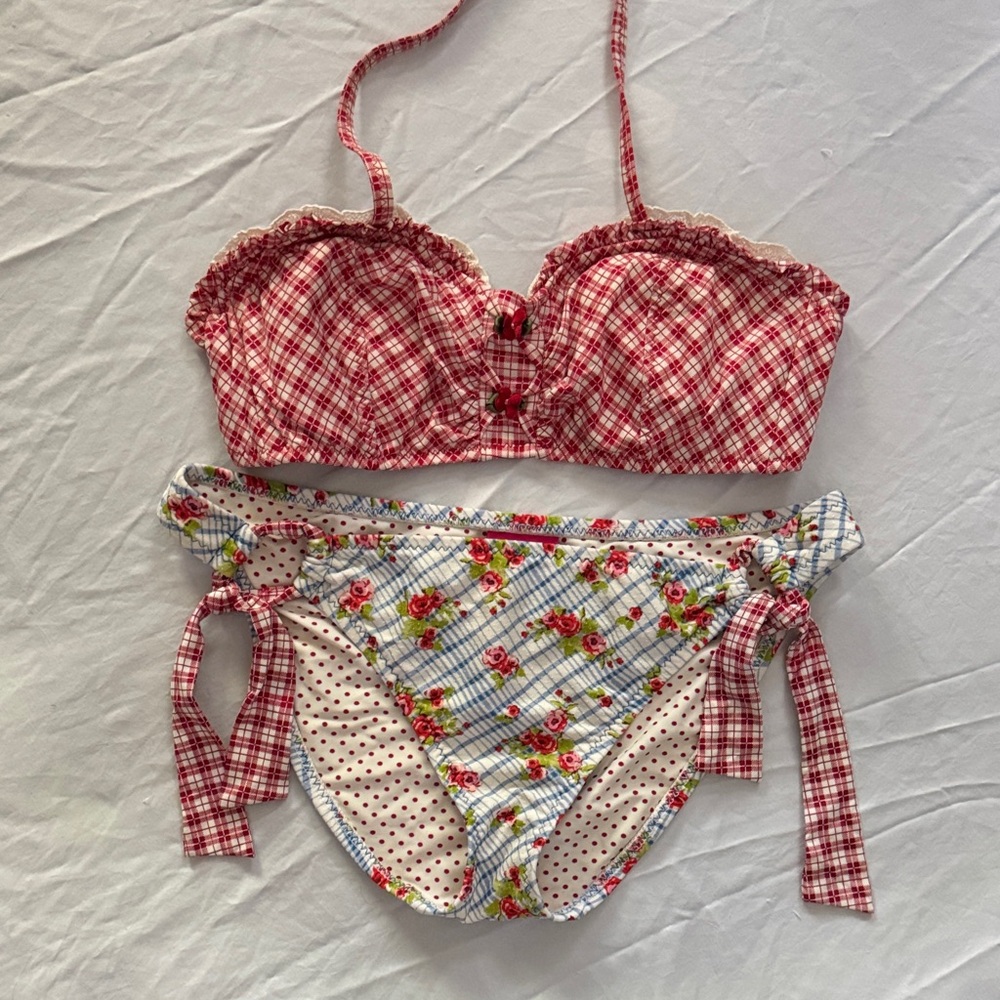 Betsey Johnson Red Checkered and Floral Bikini